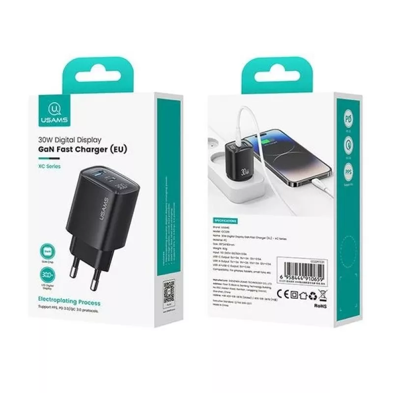 Laadija usams CC229 30W GaN USB-C ja USB LED kompaktne reisilaadija