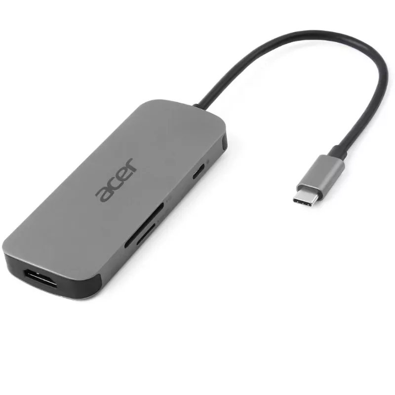 7-ühes USB-C dongel Acer — USB 3.2 Gen 1 USB-C, 3x USB-A, HDMI, SD/microSD, 100 W PD, hõbedane