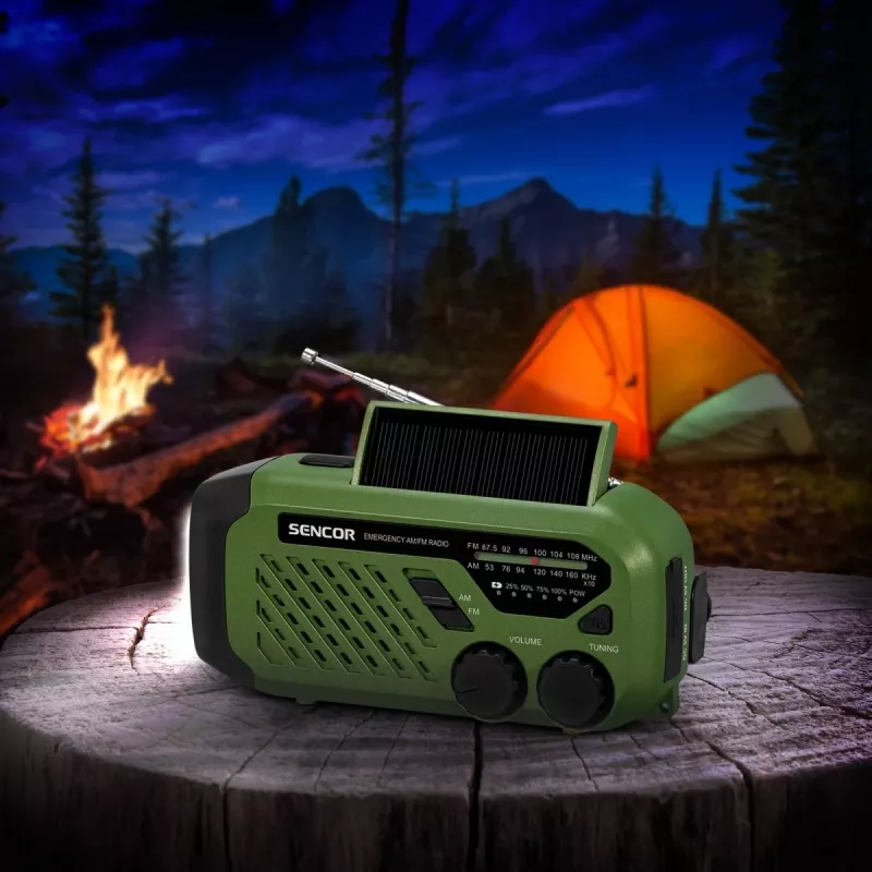 Kaasaskantav FM/AM-raadio SENCOR SRD1000SCLGR, Bluetooth, päikese-/vänt-/USB-C-laadimine, 2000 mAh aku, IPX4, LED-tuled