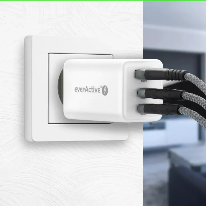 Toiteadapter everActive SQ-655Q 65W, 1×USB-A + 2×USB-C kiirlaadimine