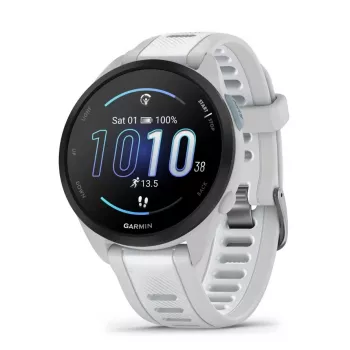 Nutikell GARMIN Forerunner 165 — GPS, AMOLED 1,2 tolli, 4 GB, 5 ATM, aku kestvus 11 päeva, hall korpus, valge rihm