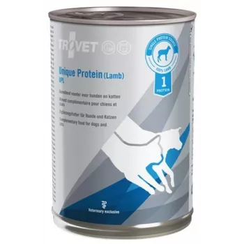 Märg ühevalguline veterinaartoit TROVET Unique Protein UPL lambaliha 400 g — lambaliha maitsega, 82% niiskust, 8,5% valku, 5% rasva