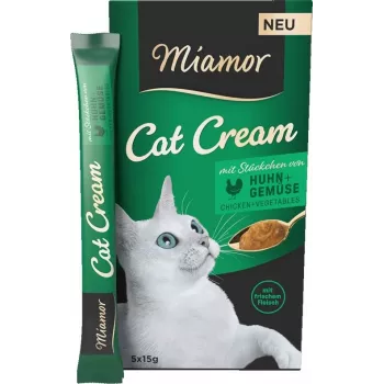 Märg kassimaius Miamor Cat Cream kana ja köögiviljadega, pasta kotikesed 5×15 g, gluteenivaba, suhkruvaba