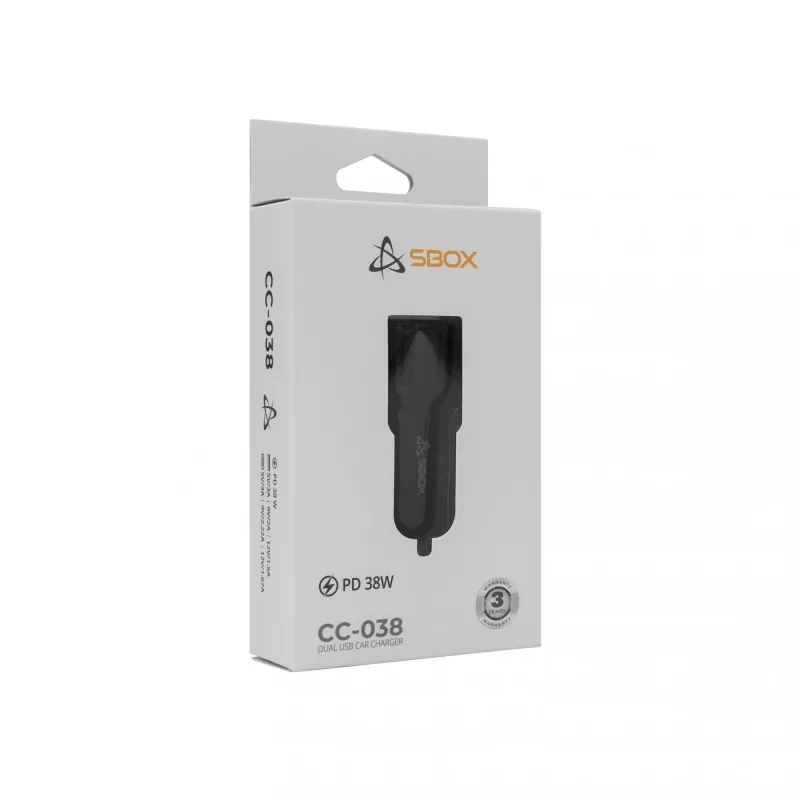 Autolaadija SBOX CC-038 38W must — kahe pordiga USB-toiteadapter sõidukile