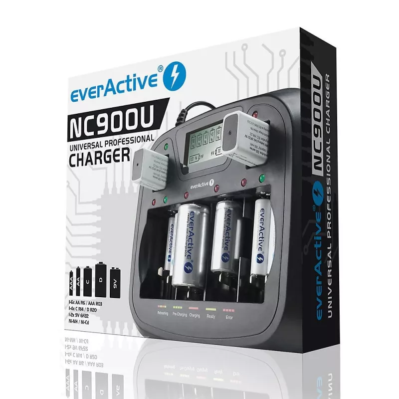 Akulaadija everActive NC-900U Universal DC — laeb AA, AAA, C, D, 9V, kuni 6 elementi, must