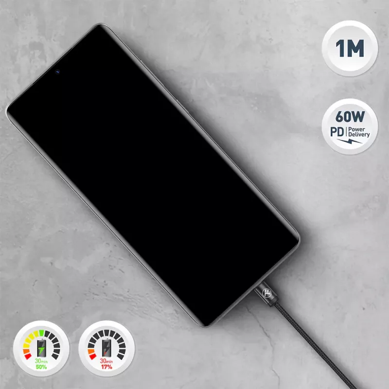 USB-C kaabel Tellur TLL155791, 1 m, 3A, Must