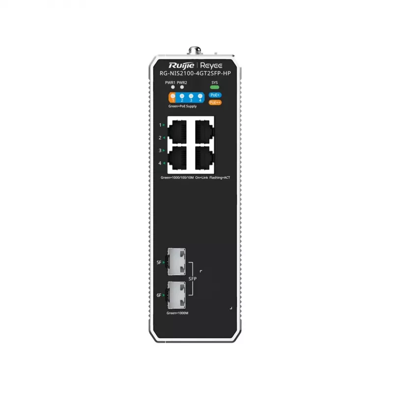 Hallatav L2 võrgulüliti RUIJIE RG-NIS2100-4GT2SFP-HP — 4× gigabitine RJ45, 2× SFP, PoE++ (180 W), raami/seina/DIN-liistule paigaldatav