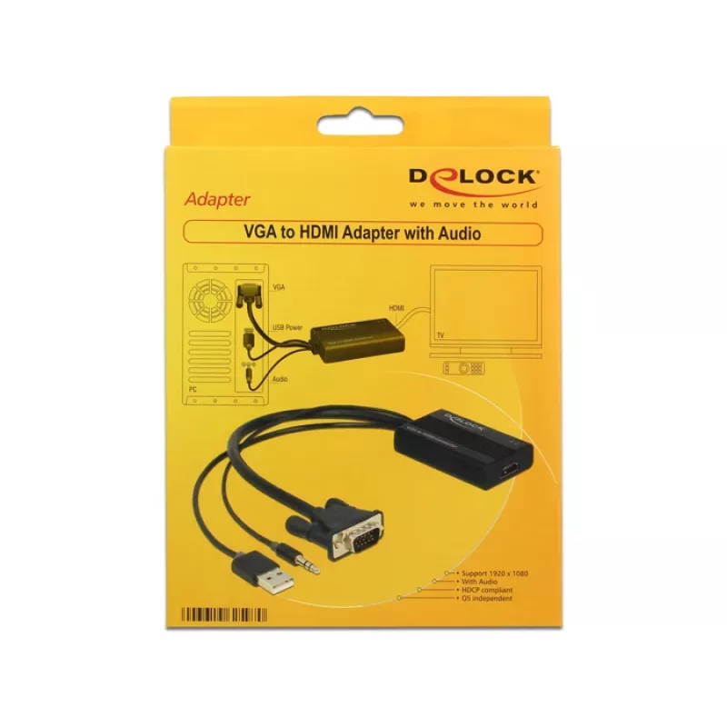 Video kaabli adapter DeLOCK 62597 0,25 m HDMI tüüp A VGA D-Sub 3,5 mm USB tüüp A must