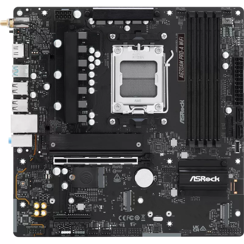 Emaplaat ASRock A620AM Pro-A WiFi AM5 mATX — AMD A620, pesa AM5, DDR5 kuni 256 GB, Wi‑Fi 6E, 2,5 Gb LAN, HDMI 2.1