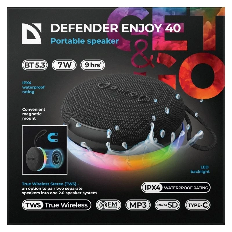 Kaasaskantav Bluetooth-kõlar DEFENDER ENJOY 40 — 7 W RMS, Bluetooth 5.3, LED-valgustus, LiPo aku, 9 h, must