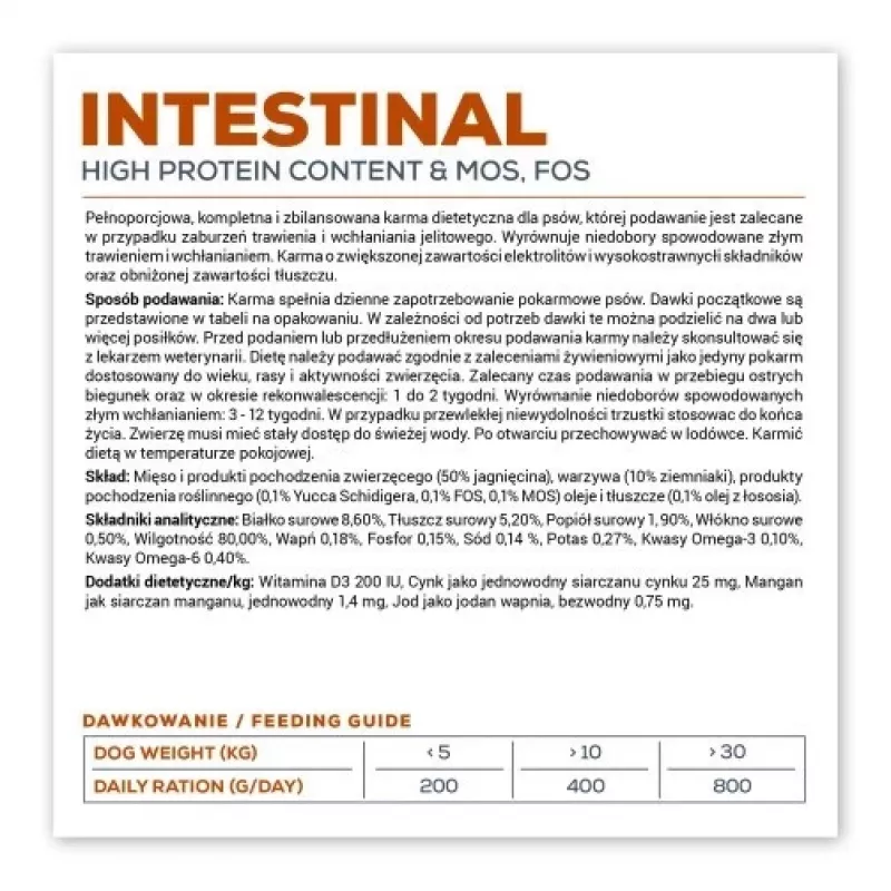 Märg koeratoit VETEXPERT Veterinary Diet Intestinal 400 g, linnuliha, teraviljavaba, seedekirurgiajärgseks taastumiseks