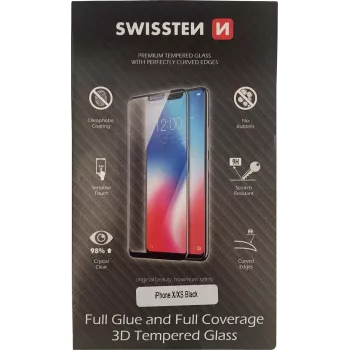 Karastatud 3D täisliimiga ekraanikaitseklaas SWISSTEN iPhone X/XS jaoks — must, täiskattega klaas