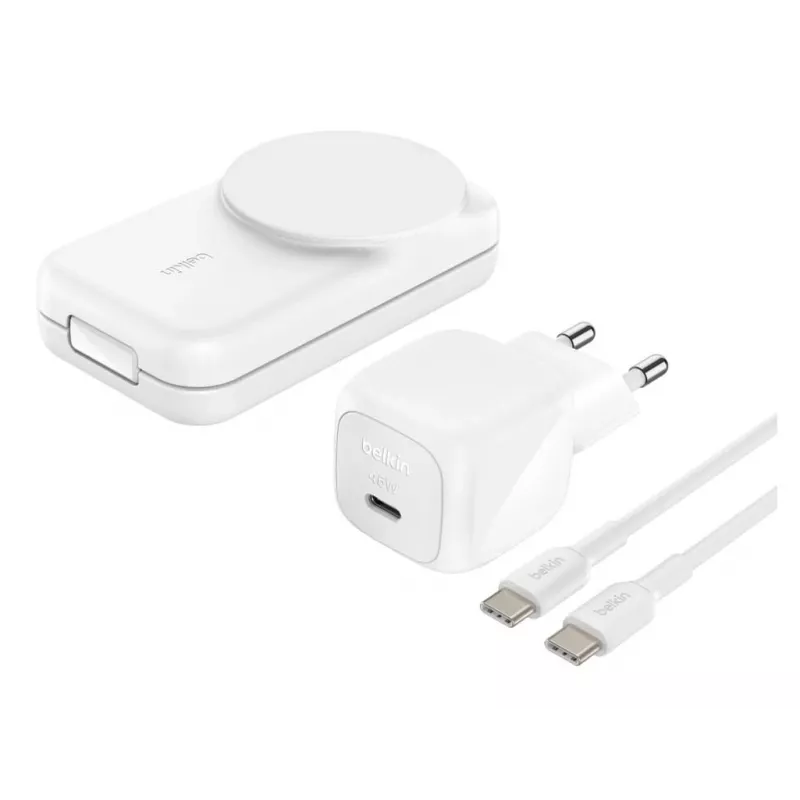Toas kasutatav laadija Belkin UltraCharge 25 W Qi2 3-in-1 magnetiline laadija EL valge ruudukujuline