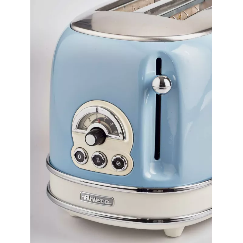 Ariete 155 Design 2 Slice Röstsai valmistaja võileivakorvidega, 6 röstimisastet, 810 W, roostevabast terasest korpus, eemaldatav purukauss, pastellsinine