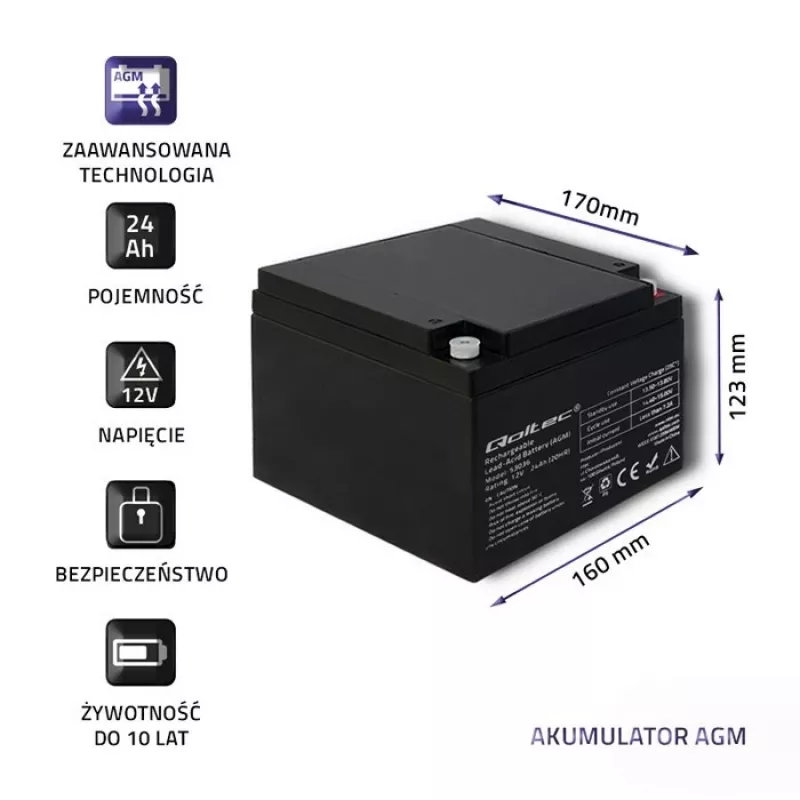 Qoltec 53036 AGM-aku | 12V | 24Ah | max 360A