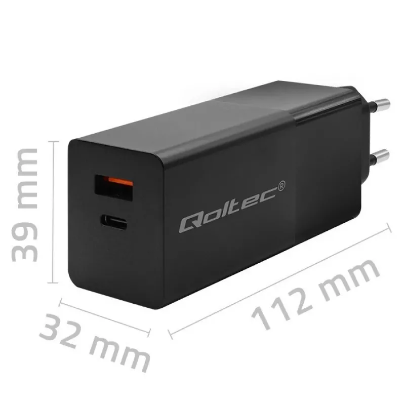 Qoltec 52382 GaN POWER PRO laadija | 1xUSB type C | 1xUSB A | 100W | 5-20V | 1.5-5A | PD | Must