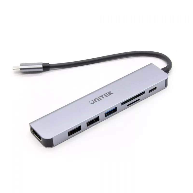 USB-C Hub Unitek 7in1 Alumiinium PD 100W 5 Gbps — multipordiadapter Power Delivery funktsiooniga