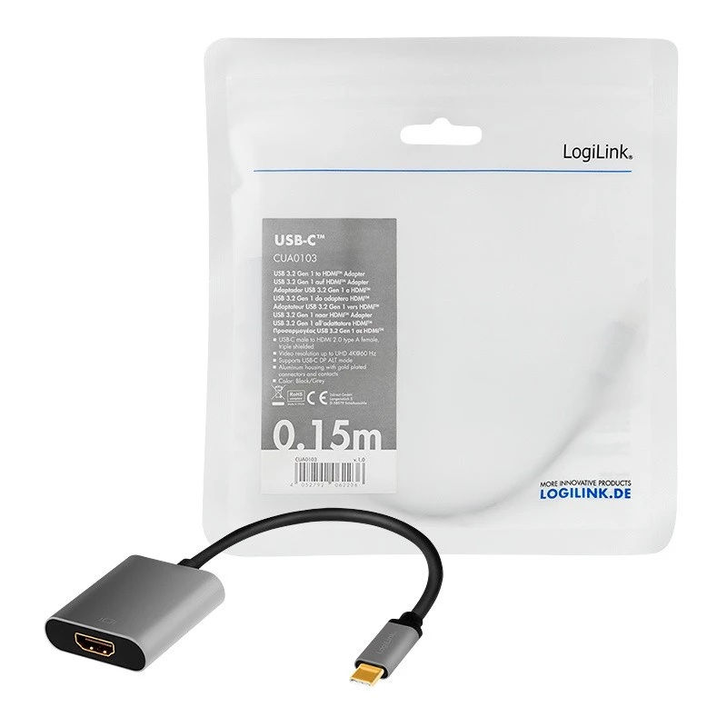 LogiLink CUA0103 USB 3.2 Gen1 USB-C to HDMI-A kaabel 0,15 m must hall