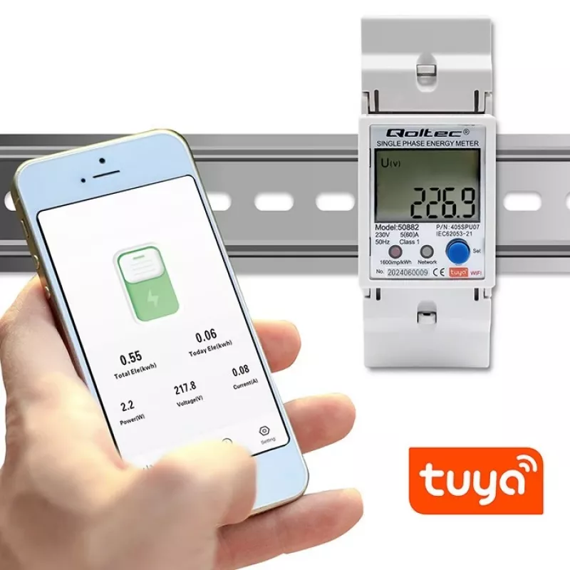 Qoltec 50882 Ühefaasiline elektrooniline energiatarbimise arvesti DIN-liistule | Wi-Fi | TUYA | 230V | LCD
