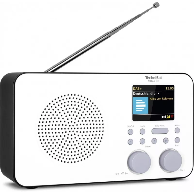 Internetiraadio TECHNISAT VIOLA 2 C IR — Analoog- ja digituuner, DAB+/FM, Wi‑Fi, 3 W, 2,4-tolline TFT, 3,5 mm, must/valge