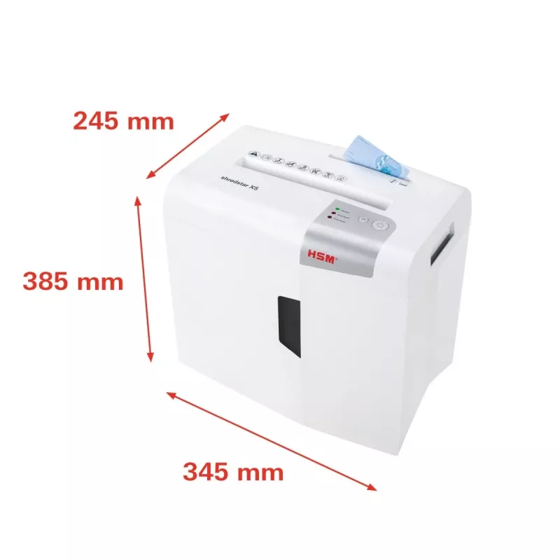 Paberipurustaja HSM X5 osakeste lõikamine P-4, 22 cm töölaius, 4,5 mm osakesed, 5-lehe mahutavus, 18 l konteiner