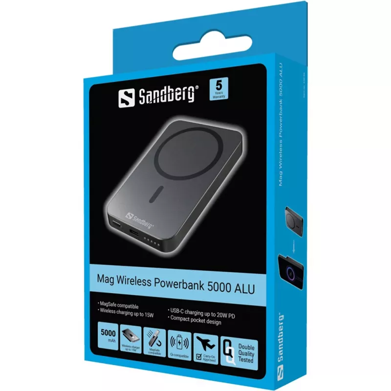 Kaasaskantav akupank Sandberg Mag Wireless Powerbank 5000 ALU, 5000 mAh