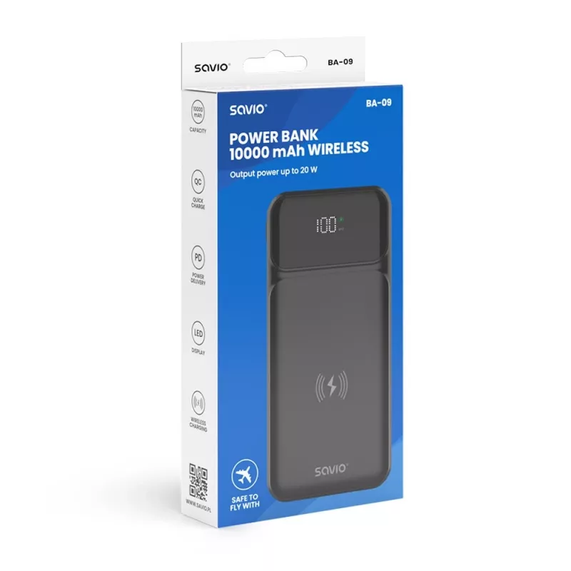 Savio BA-09 juhtmevaba akupank, 10000 mAh, must