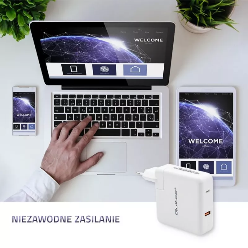 Qoltec GaN laadija FAST 108W | 5-20V | 3-4.7A | USB C | Valge