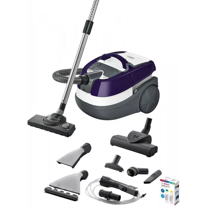 Märg- ja kuivtolmuimeja Bosch BWD 41740 AquaWash&Clean — 1700 W, 5 L paak, EPA filter, teleskooptoru, 9 m raadius, lilla
