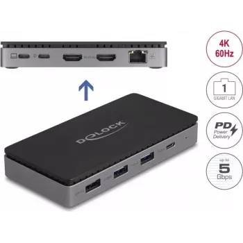 DeLOCK USB USB-C dokkimisjaam 4K topelt-HDMI MST USB Gigabit LAN PD 85W