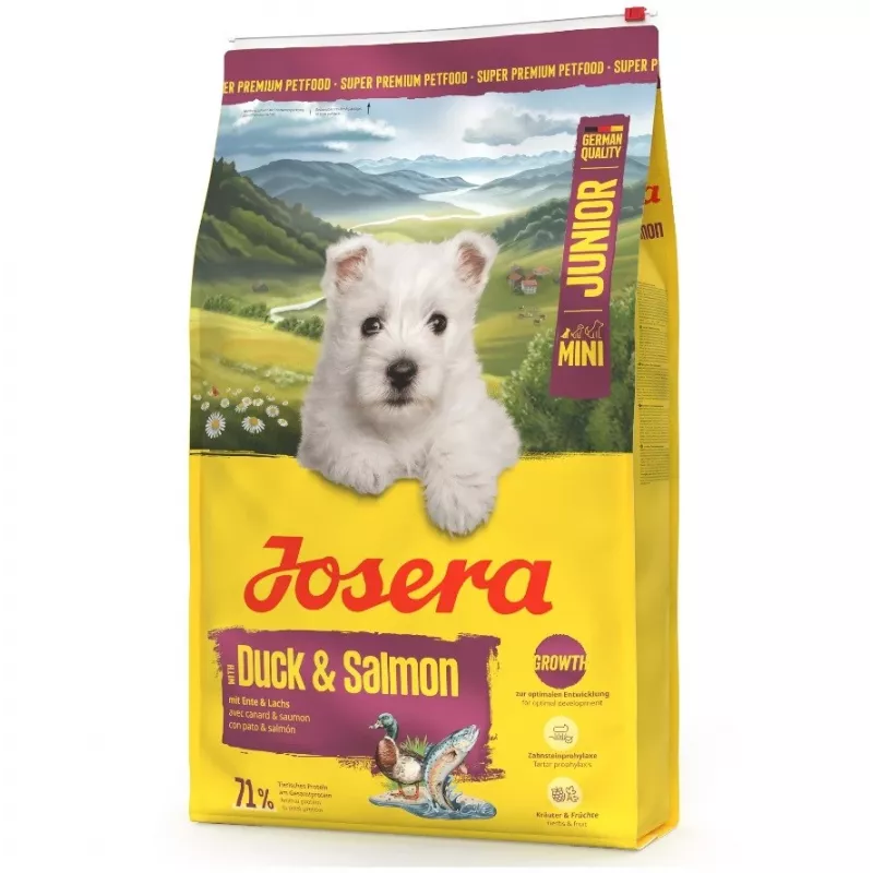Kuiv koeratoit JOSERA Mini Junior Duck & Salmon 900 g — väikest tõugu kutsikatele, valk 29%, rasv 18%