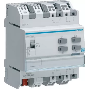 Digitaalne/analoog I/O moodul Hager TXA304 — Digitaalsisend, 4 kanalit, 21–32 V DC, kuni 230 V, 50–60 Hz