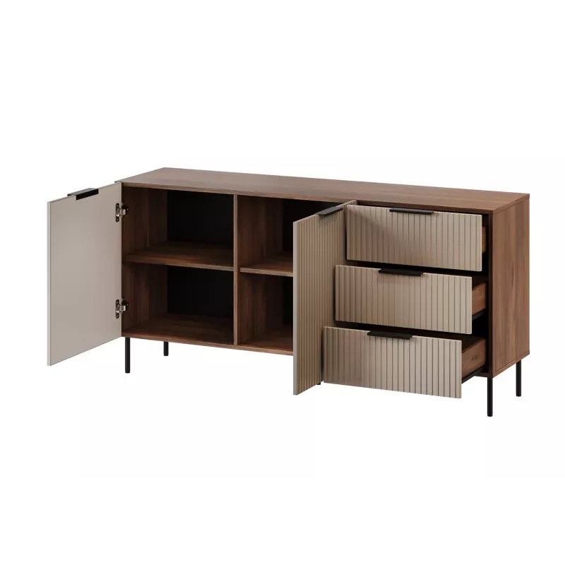 Kummut cama meble ALMERA 156×42×75 cm, pähkel/kašmiir, 3 sahtlit, puitlaastplaat