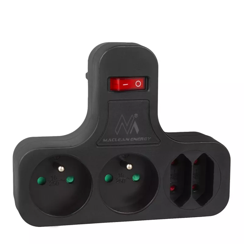 Maclean voolupistikupesa, neljakordne lülitiga, stabiliseeriva jalaga, tüüp E, 2x2,5A, 2x16A, MCE224 E/B