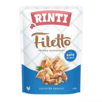 Märg koeratoit RINTI Filetto kanafilee pardiga 100 g — täisväärtuslik täiskasvanud koeratoit, 14% valku, 82% niiskust