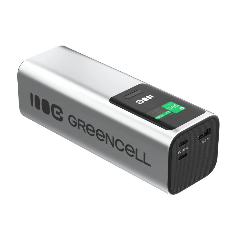 Kaasaskantav aku Green Cell PBGC25UD, 25200 mAh, Li‑Ion, 140 W koguvõimsus, 2× USB‑C + 1× USB‑A, OLED-ekraan, alumiiniumkorp