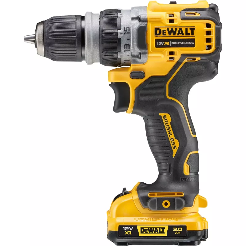 Püstolkäepidemega puur DeWALT DCD703L2T-QW — 12 V, 3,0 Ah x2, 1500 p/min, 10 mm kiirkinnituspadrun, 25,5 N·m, 0,9 kg
