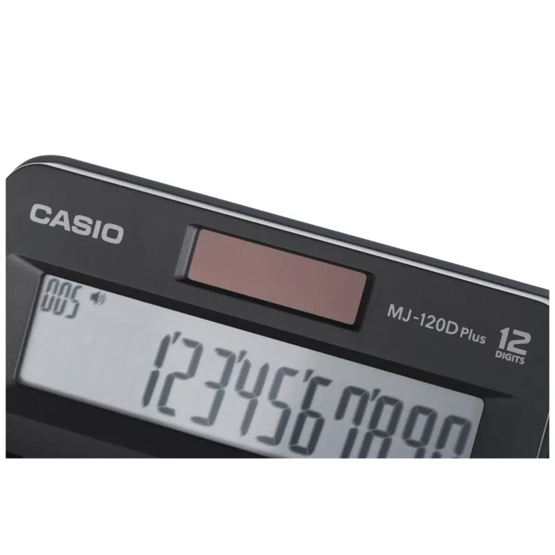 Lauakalkulaator CASIO MJ-120D PLUS — lihtne 12-kohaline, aku/päikesepatarei, 35 klahvi, maksu- ja ruutjuurefunktsioon, must
