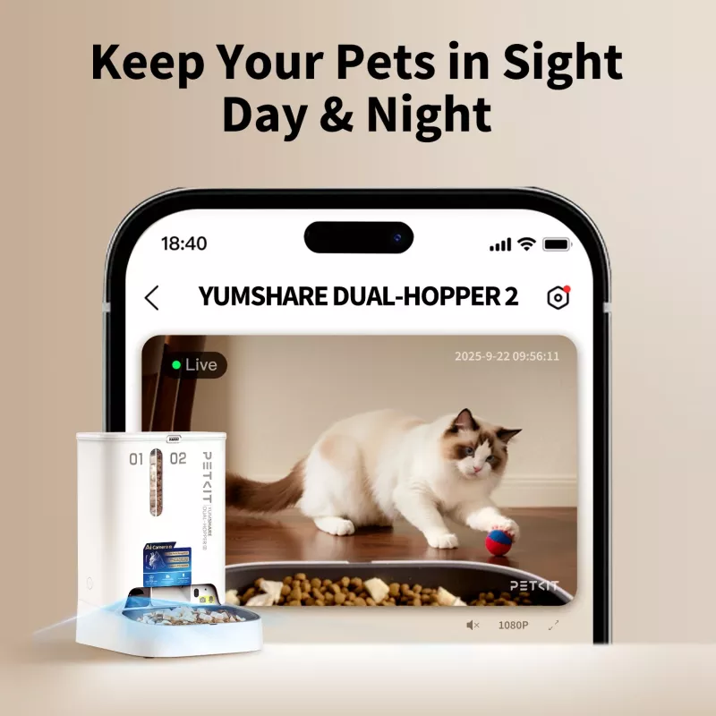 Automaatne lemmikloomasöötja PETKIT YumShare Dual-hopper 2 kaameraga, 5 L maht, ABS ja 304 roostevaba teras, valge