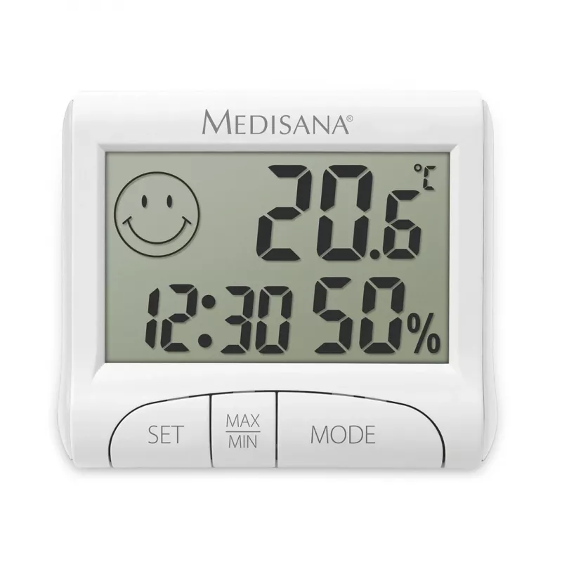 Elektrooniline sisehügromeeter Medisana HG 100 — digitaalne termomeeter, niiskus 20–90%, temp -10–50 °C, lauaekraan, aku AAA