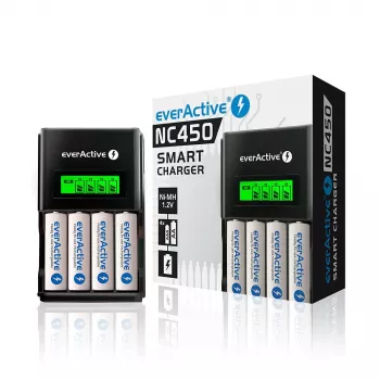 Akulaadija everActive NC450B — 4-elemendiline AAA-laadija, 110/230 V vahelduvvool, must