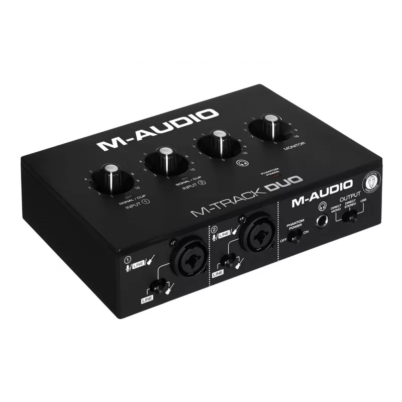 M-Audio M-Track Duo heliliides — USB 2 sisse/2 välja, 16-bit/48 kHz, 1x XLR/TS kombosisend, 1x instrumendisisend, fantoom 48V