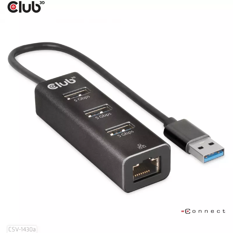 USB jaotur CLUB3D USB 3.2 Gen1 Type-A 3 pordiga ja Gigabit Ethernetiga