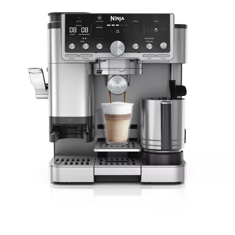 Espressomasin Ninja ES701EU — poolautomaatne kohvi/espresso, sisseehitatud veskiga, 2 L veepaak, 1650 W, 25 veski seadistust, piimapaak, 14 baari pump