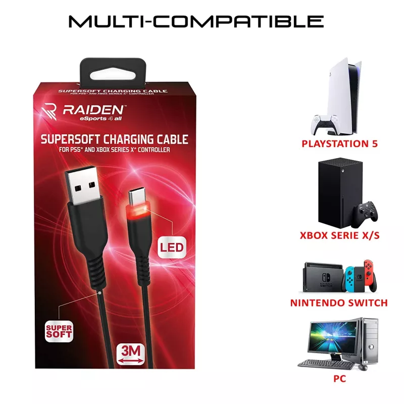 USB-C laadimiskaabel SUBSONIC SA5601 3 m – Ühildub PS5, Xbox, Nintendo Switchiga