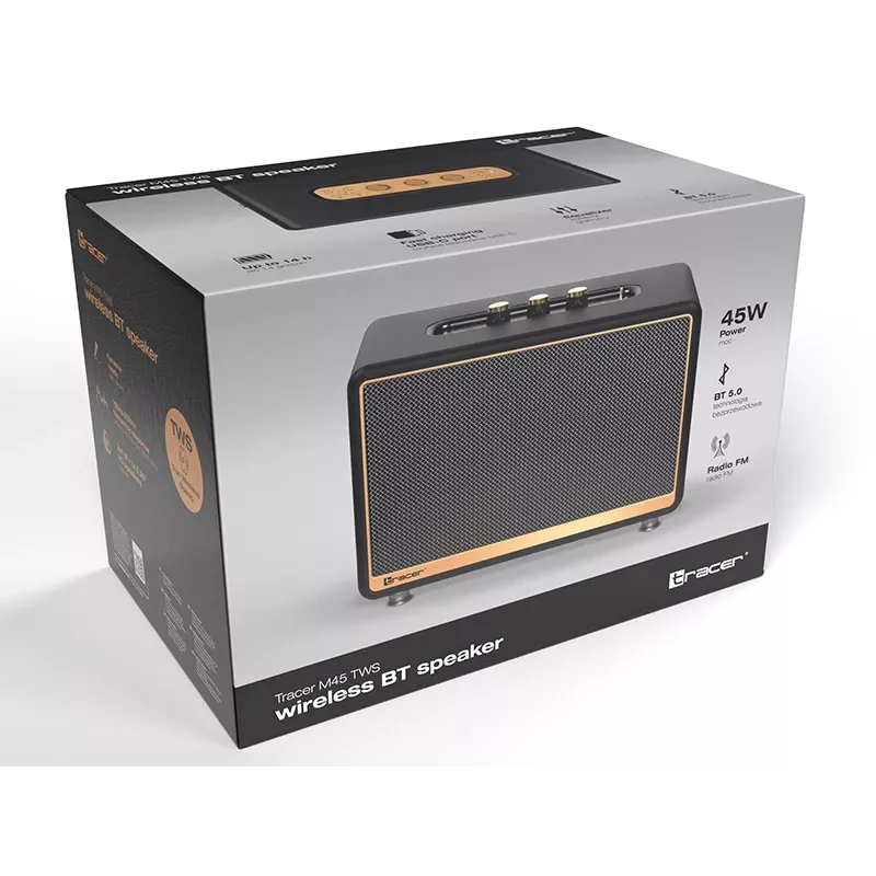 Kaasaskantav stereokõlar TRACER M45 Must — Bluetooth 5.0, 45 W RMS, FM-raadio, sisseehitatud mikrofon, akutoitel