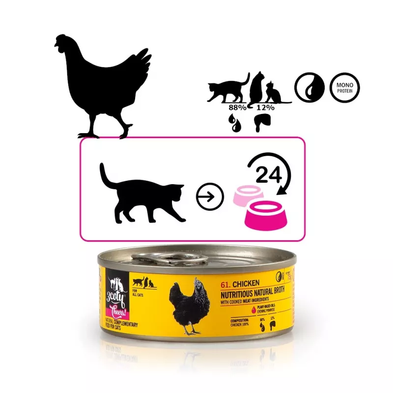 Märg kassitoit 3coty Chicken Cheers 75 g — täisväärtuslik täiskasvanud kasside märgtoit, ühe portsjoni kotike, 12% valku, 7,5% rasva, 80% niiskust