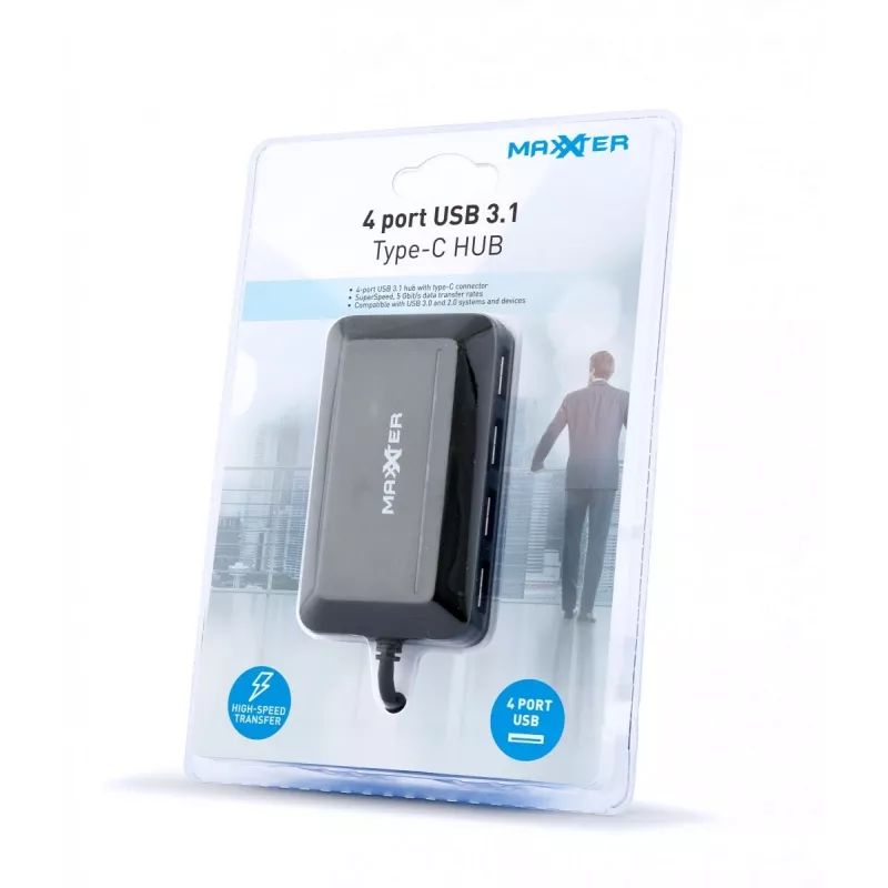 USB-jaotur GEMBIRD ACT-HUB3C-4P — USB 3.2 Gen 1 Type-A host 4 × USB 3.2 Gen 1 USB-C jaoks, 5000 Mbit/s, must