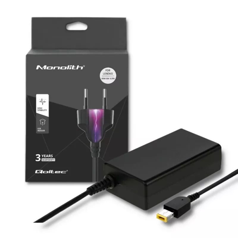 Toiteadapter QOLTEC 51556 siseruumides 65W Lenovo sülearvutitele, 20V 3.25A, must