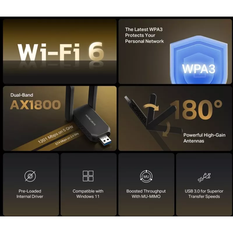 Wi‑Fi USB adapter MERCUSYS MA72XH AX1800 suure võimendusega antennidega, USB-A plug-and-play
